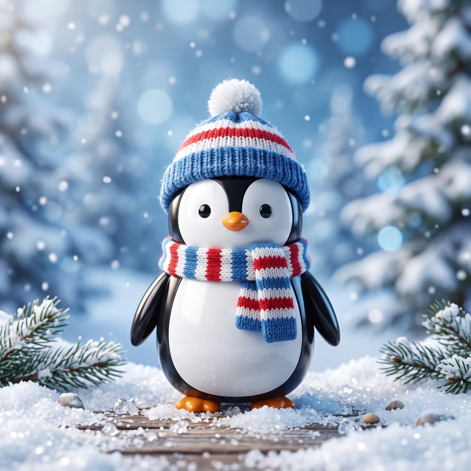 3D vinyl figure of a penguin wearing a tiny knitted hat and scarf, glossy finish, snowy blue background