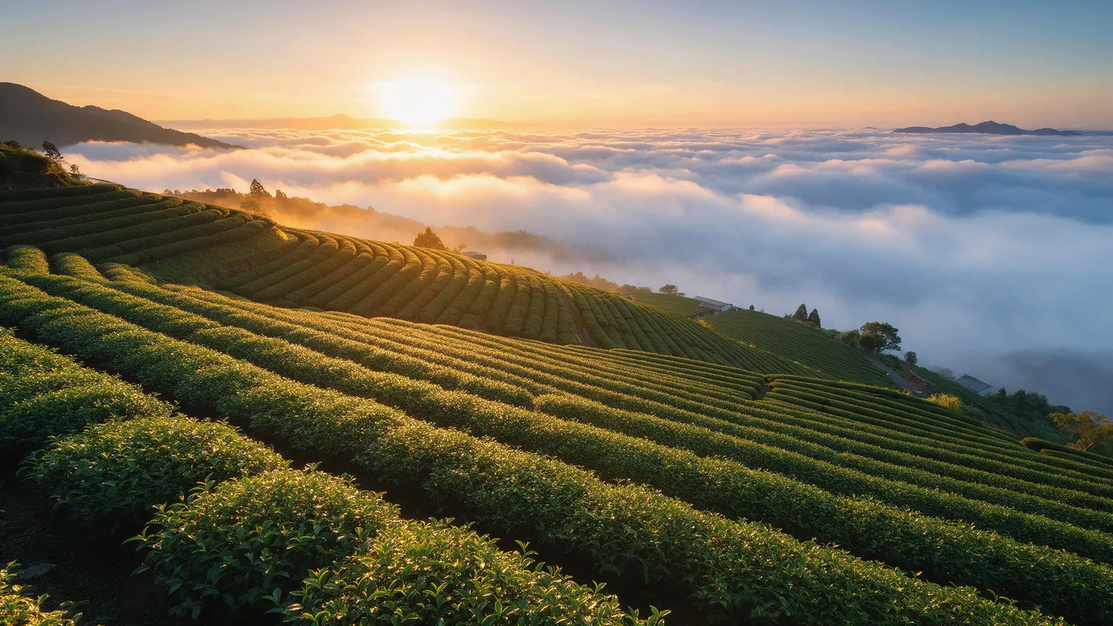 Landscape: the terraced tea plantations of Alishan in Taiwan at sunrise above a sea of clouds, rows of green, golden light
