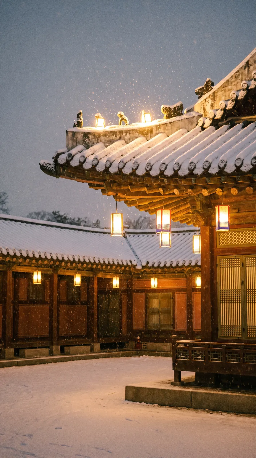 Vertical wallpaper of a snowy Korean palace roof with snow falling at night, lanterns glowing, quiet and beautiful