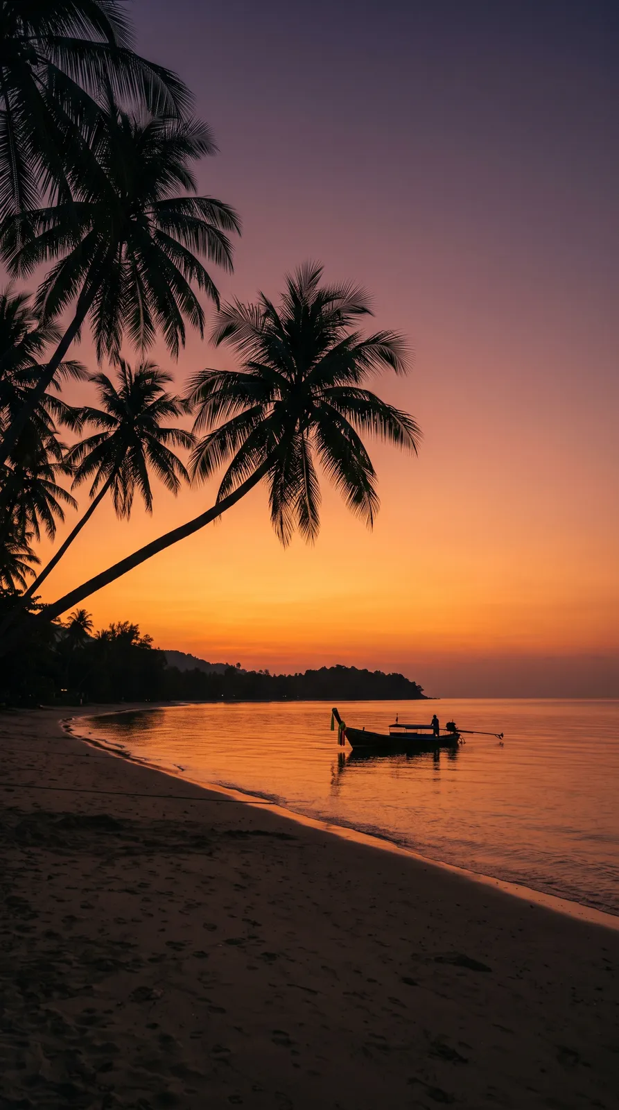 Phone wallpaper of coconut palm silhouettes leaning over a calm Thai island beach at dusk, a single longtail boat on still water, molten orange fading into violet, minimal and warm