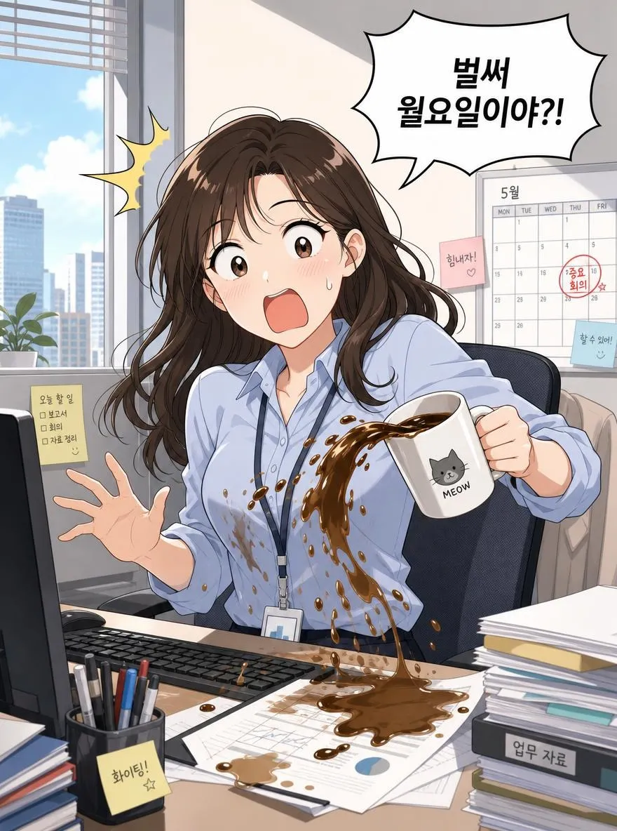Korean webtoon panel in clean digital colour: a surprised office worker spilling coffee at her desk, a speech bubble that says "벌써 월요일이야?!", bright comedic lighting