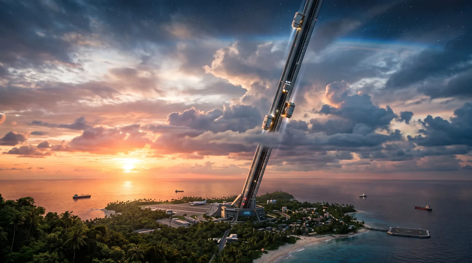 Space elevator rising from a tropical island into the clouds, cargo pods moving up the tether, ocean and sunset, plausible near-future engineering