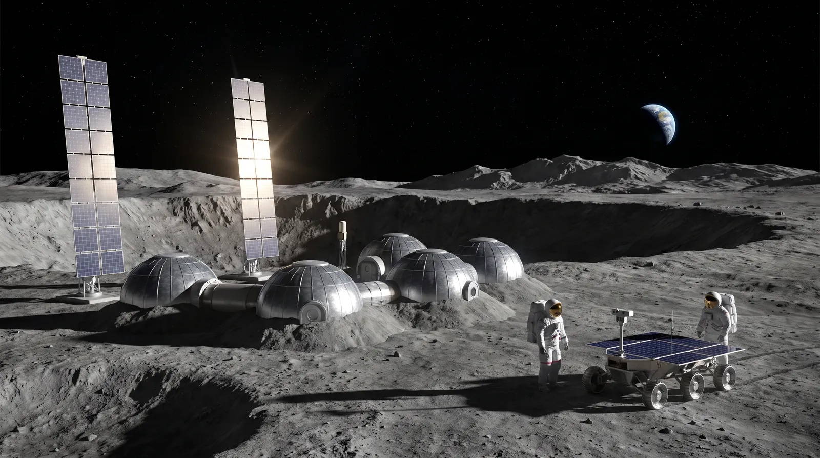 Photoreal lunar base at the moon's south pole, solar towers, pressurized modules partly buried in regolith, earth low on the horizon, astronauts near a rover