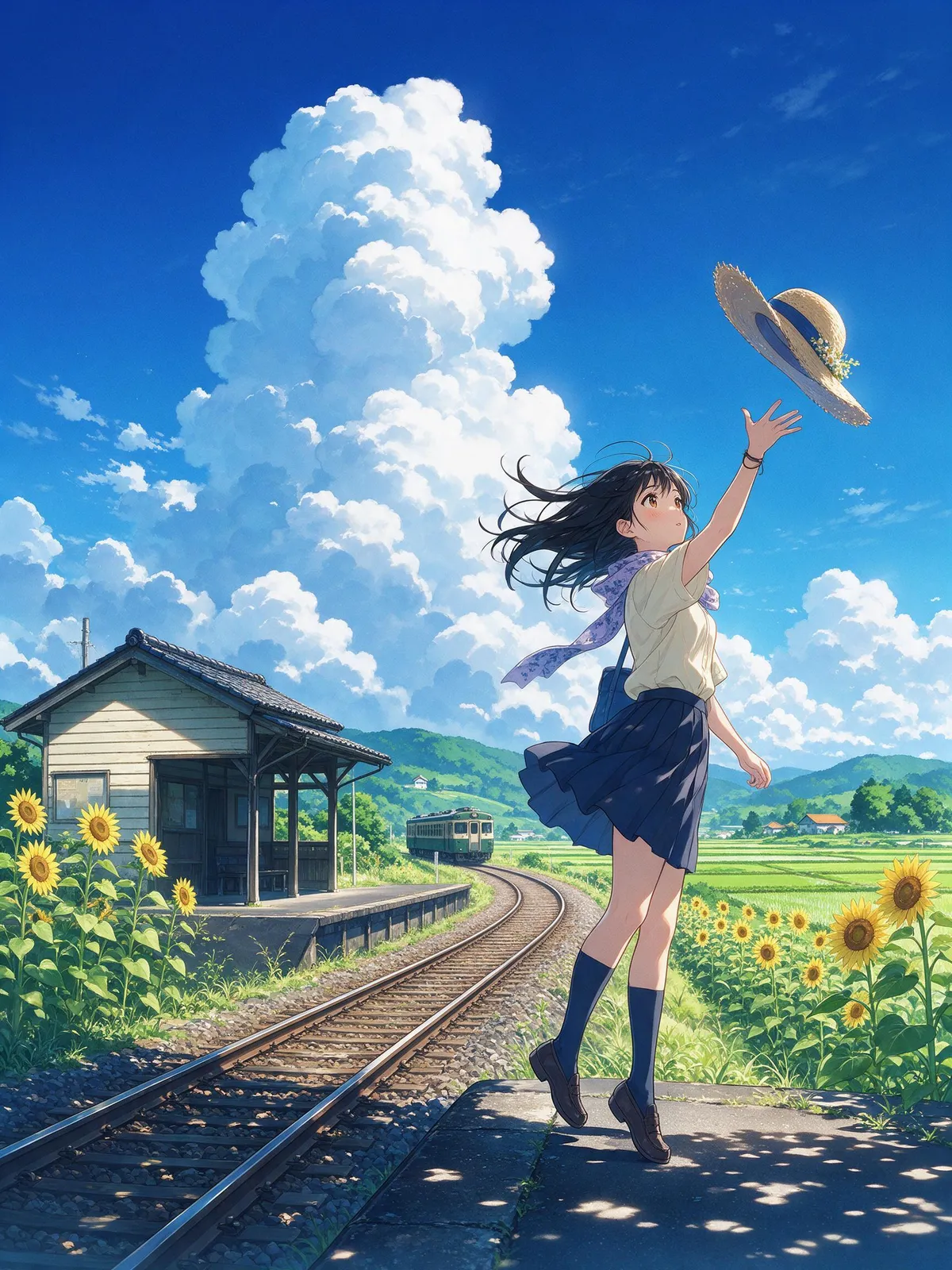 Anime illustration of a high school girl waiting at a rural Japanese train station in summer, cicada-season blue sky, towering cumulus clouds, sunflowers by the tracks, her straw hat about to blow awa