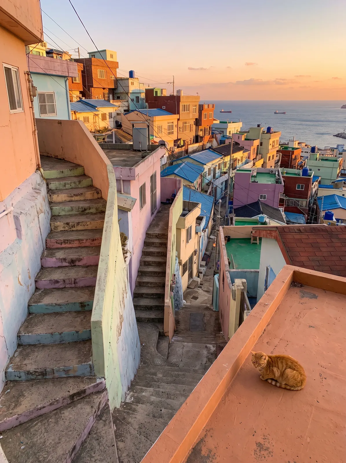 City: Busan's Gamcheon culture village staircases at sunset with pastel houses, a cat on a rooftop, the sea glimpsed between buildings