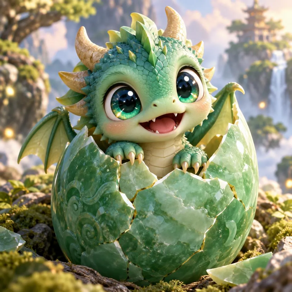 3D cartoon dragon hatchling with big sparkling eyes peeking out of a cracked jade egg, soft fantasy lighting, adorable expression, high detail render