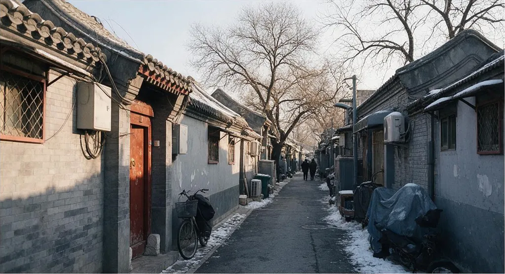 A hutong in Beijing in winter, cinematic street photography