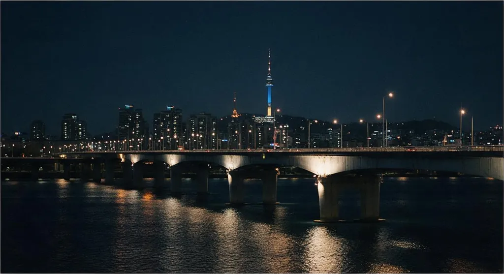 A Seoul Han river bridge at night, cinematic street photography