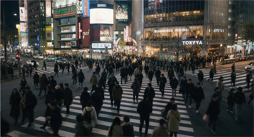 A Tokyo scramble crossing at night, cinematic street photography