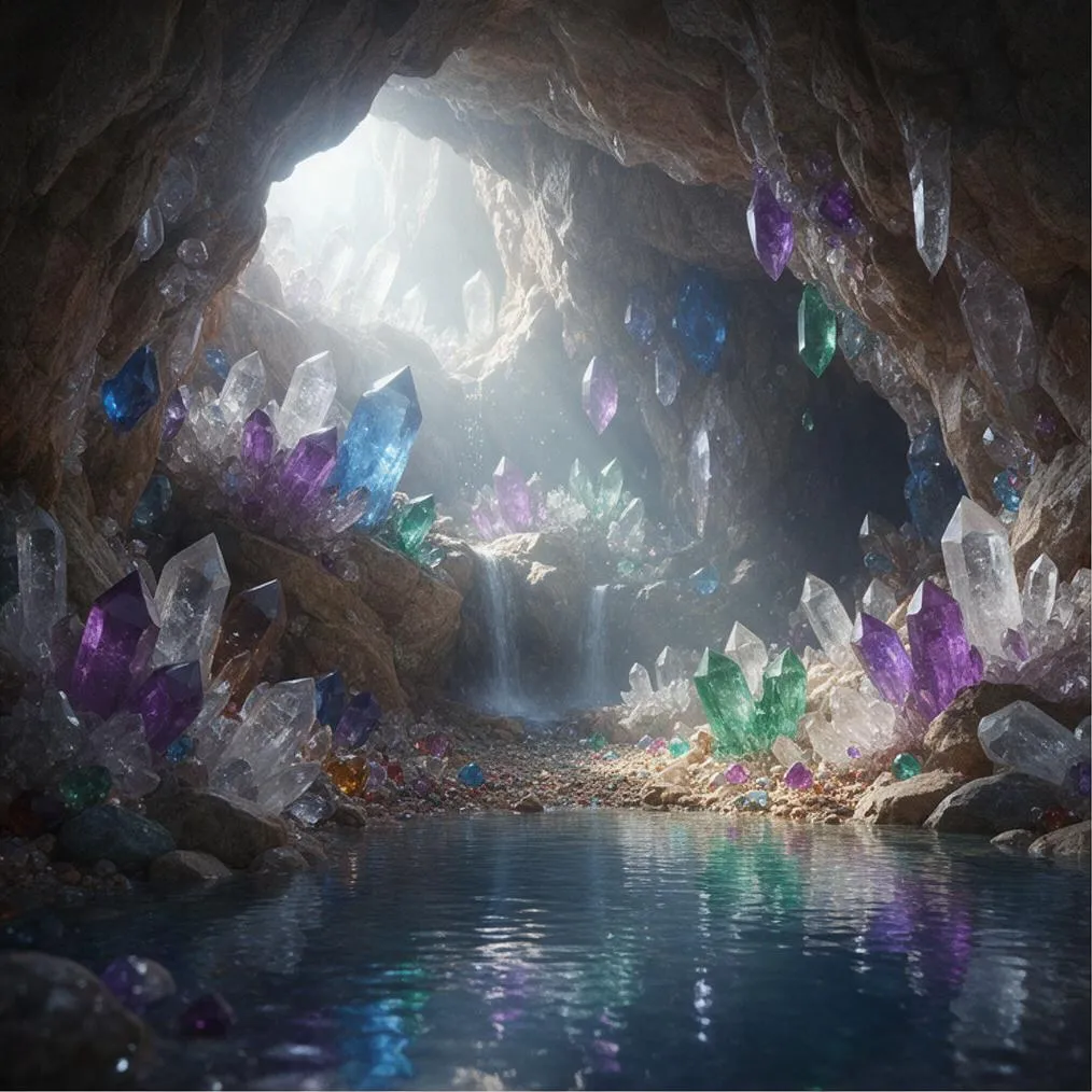 A crystal cave with a lake, epic fantasy digital painting, cinematic light