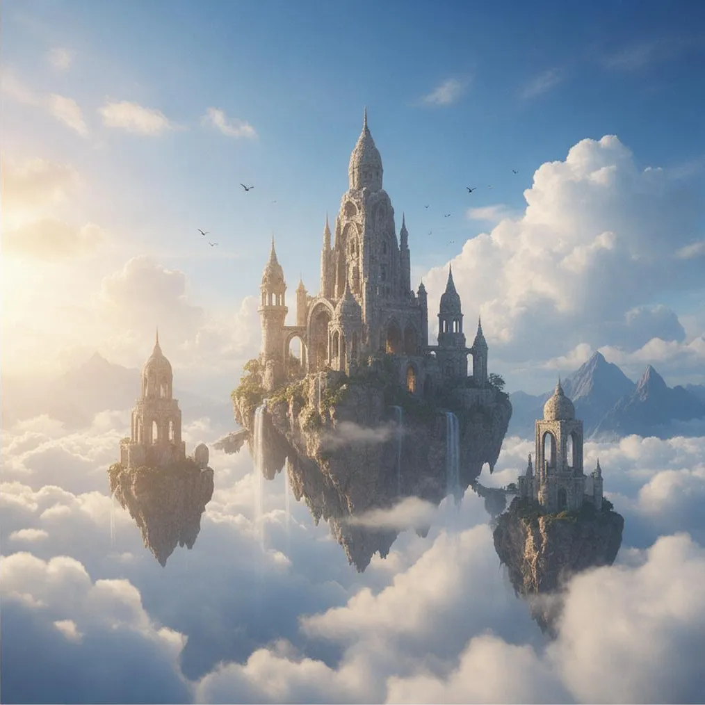 A floating temple above clouds, epic fantasy digital painting, cinematic light