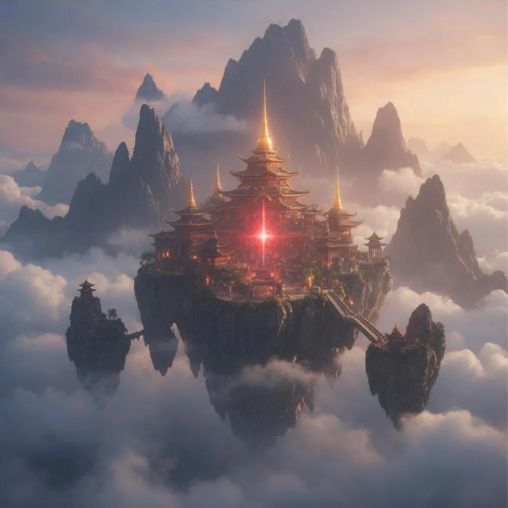 A floating temple above clouds, epic fantasy digital painting, cinematic light