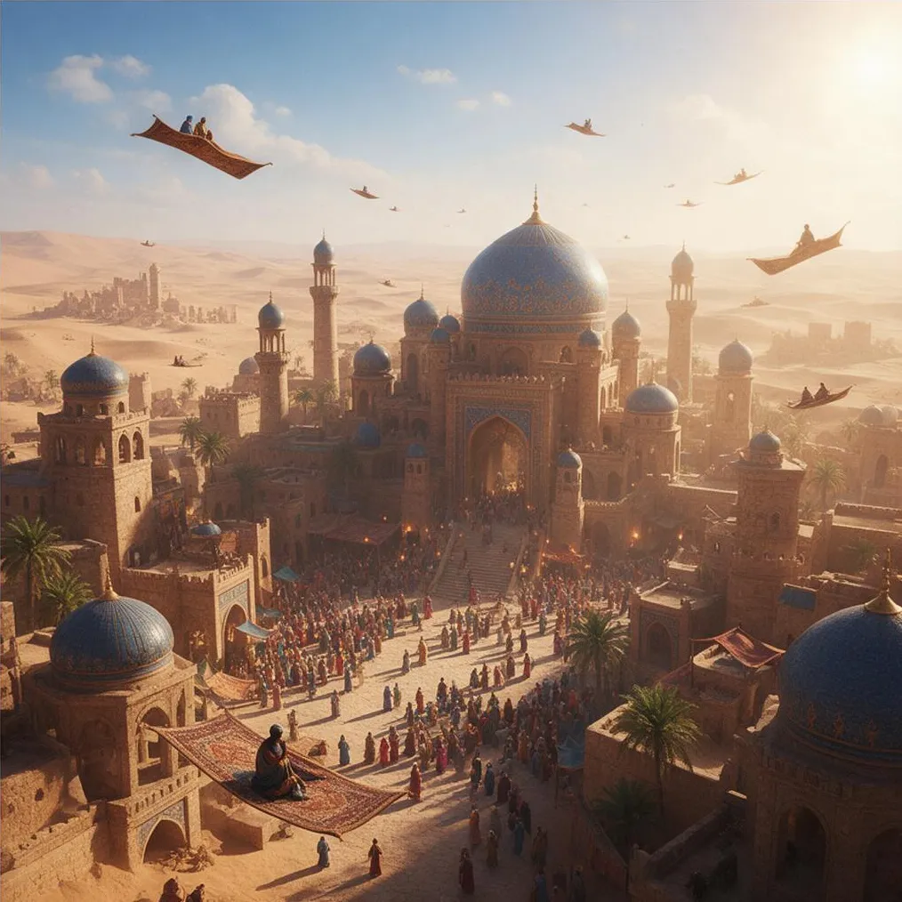 A desert city with flying carpets, epic fantasy digital painting, cinematic light