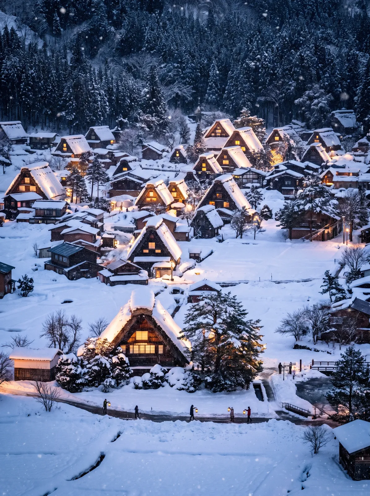 Shirakawa-go gassho-zukuri farmhouses covered in deep snow at night, warm lights glowing from the windows, falling snow, fairy-tale atmosphere