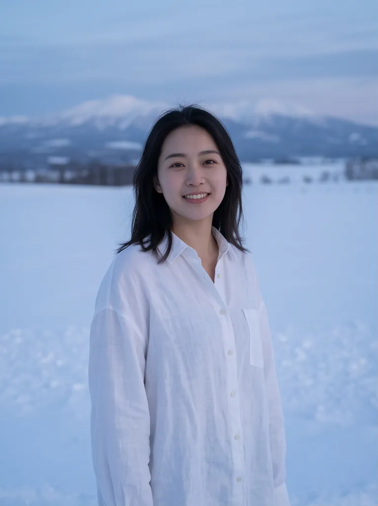 Portrait of a young Chinese woman wearing a linen shirt in a Hokkaido snowfield, blue hour ambience, editorial magazine photography