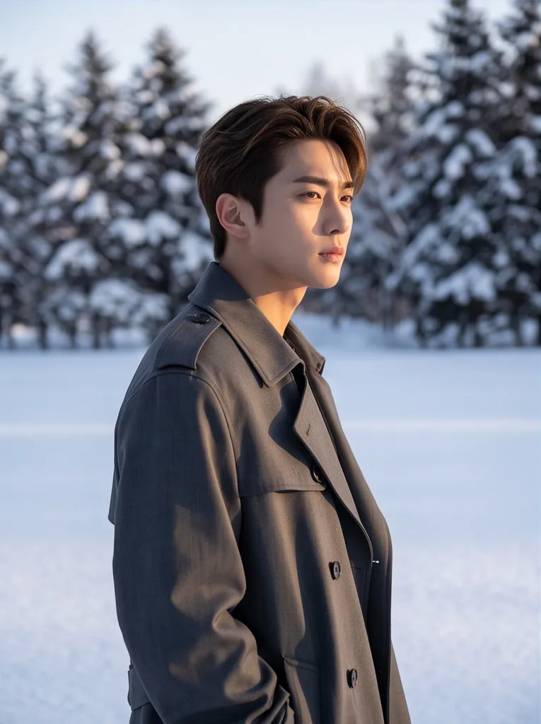 Portrait of a young Korean man wearing a trench coat in a Hokkaido snowfield, cinematic side light, high fashion campaign photo
