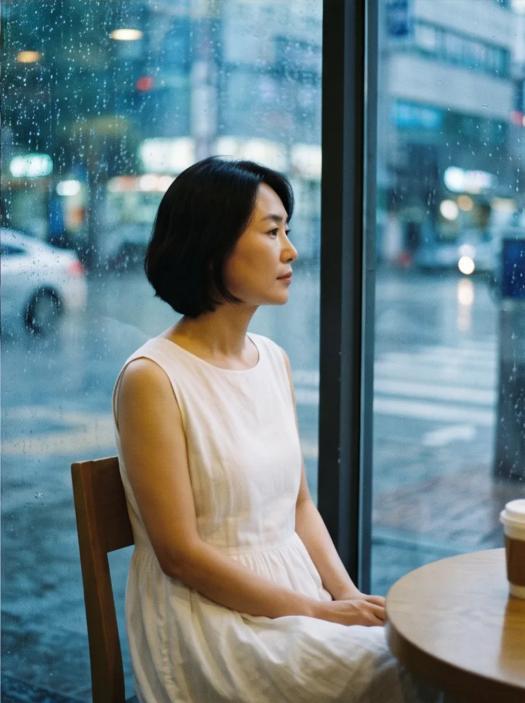 Portrait of a Korean woman in her forties wearing a white summer dress in a rainy cafe window, blue hour ambience, 35mm documentary photo