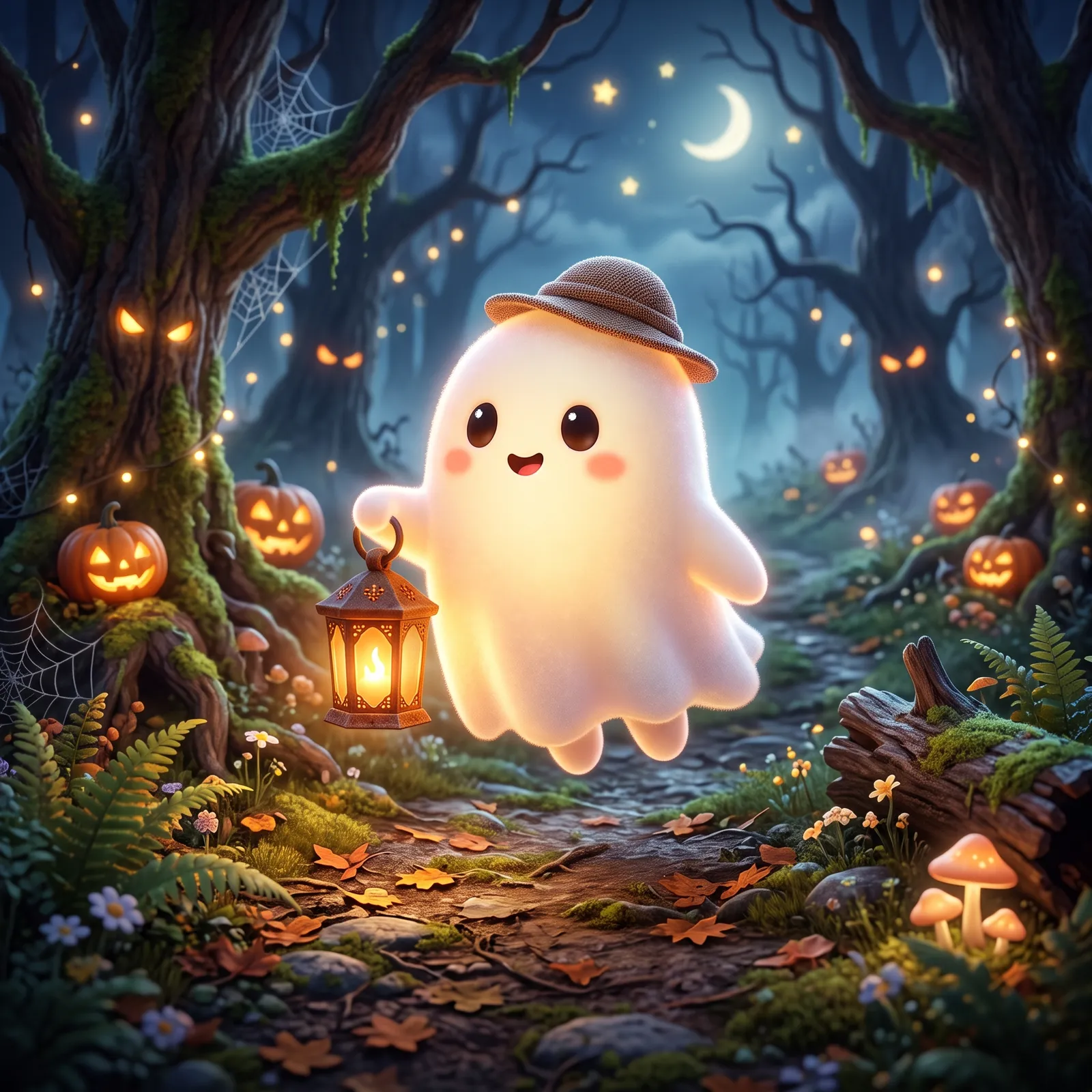 3D cute ghost character holding a lantern in a spooky but cozy forest, glowing soft light, Halloween mood, stylized render