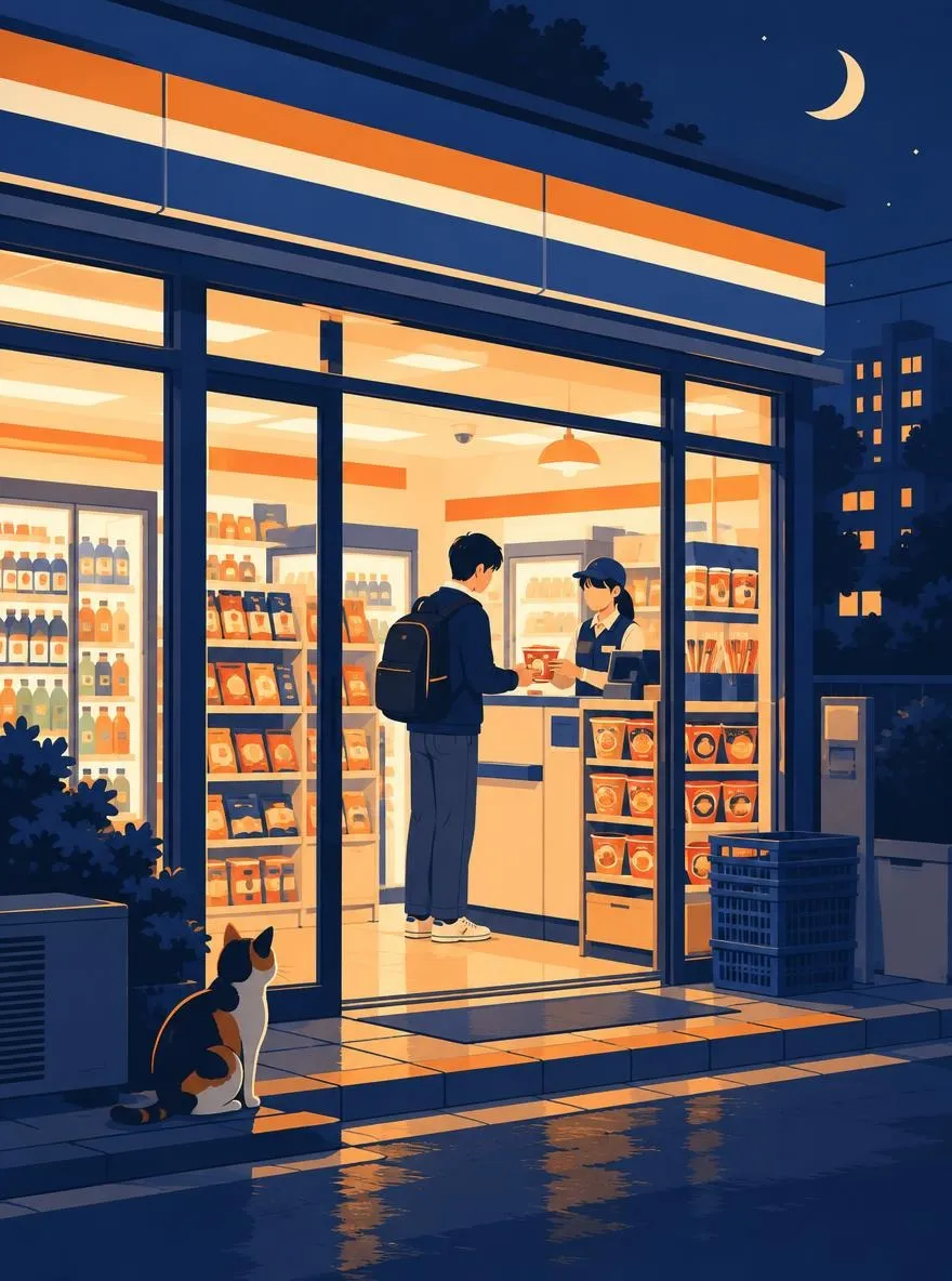 Flat vector illustration of a cozy Korean convenience store at night, warm interior glow, a student buying ramen, a cat outside, limited palette of navy, orange and cream