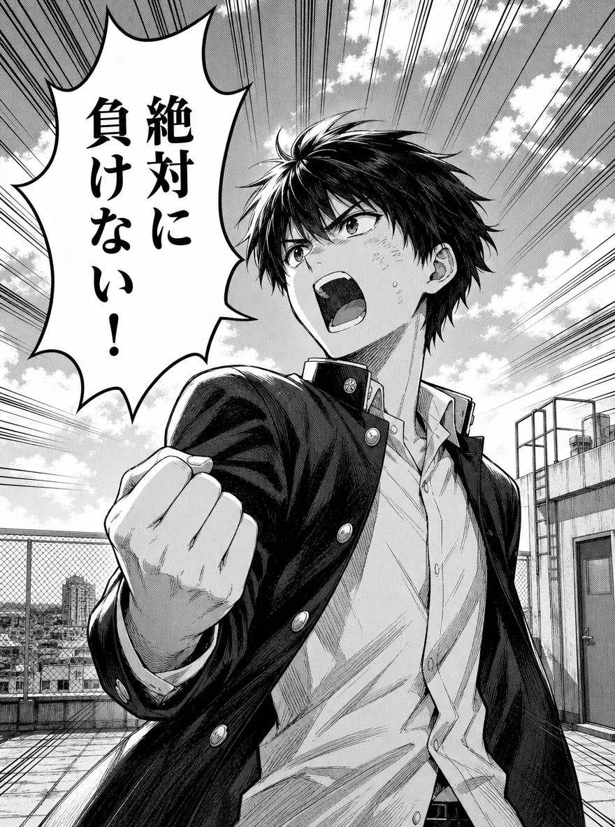 Black and white manga page panel with screentone: a high school boy shouting on a rooftop, a big speech bubble reading "絶対に負けない!", dramatic speed lines
