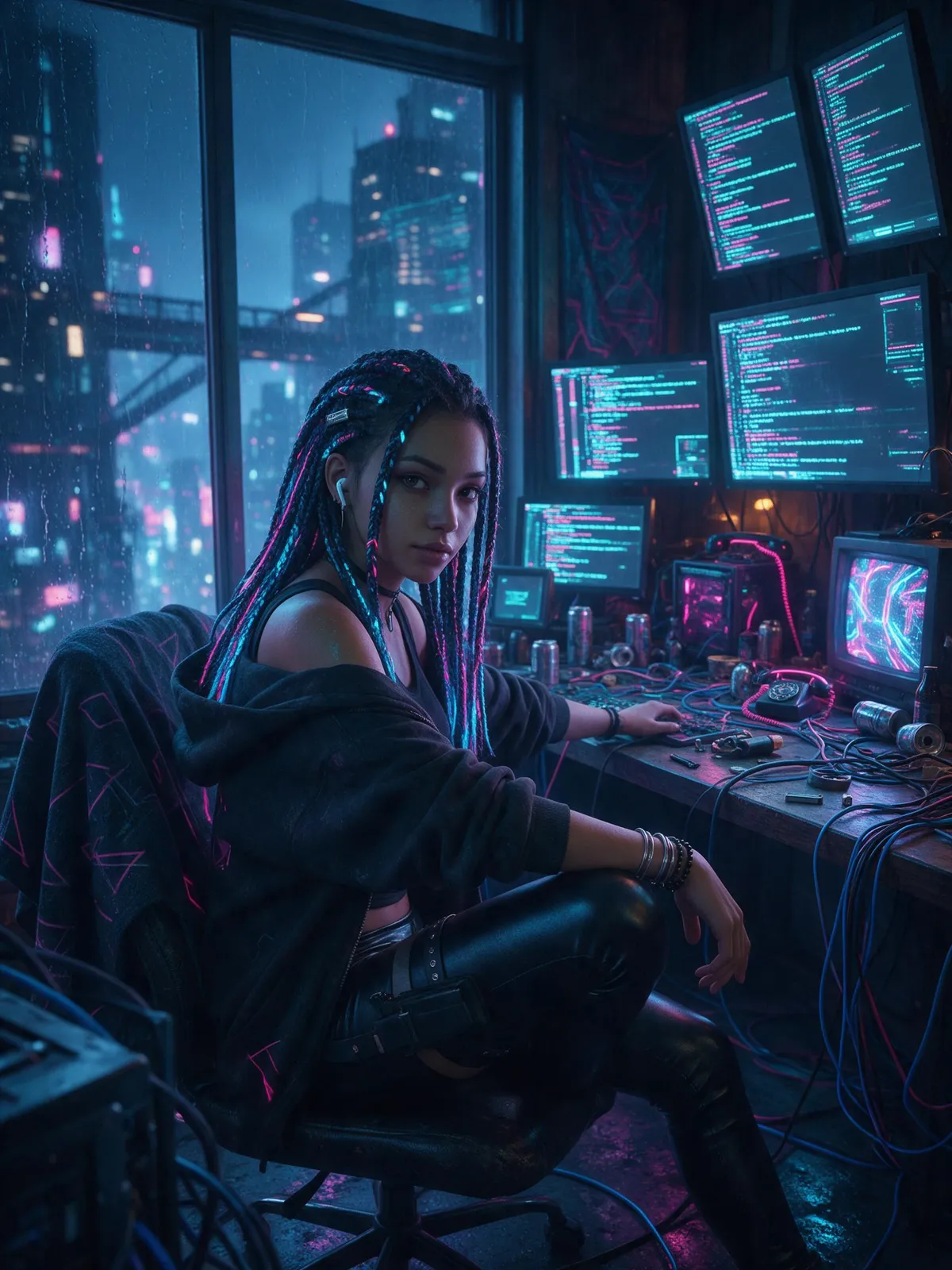 Cyberpunk hacker girl with neon braids sitting in a cluttered room full of monitors, rain outside the window, glowing code reflections without readable text