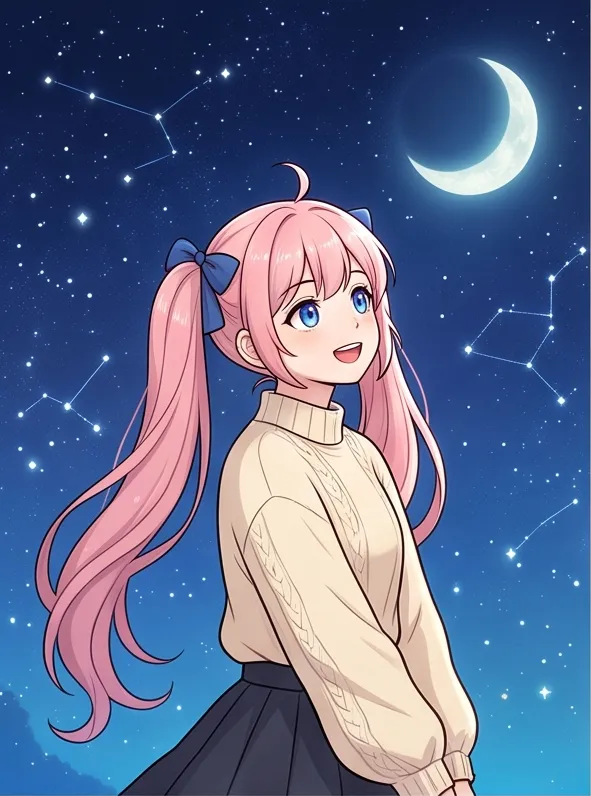 Korean webtoon style, clean line art, soft cel shading: a girl with pink twin tails under a starry sky