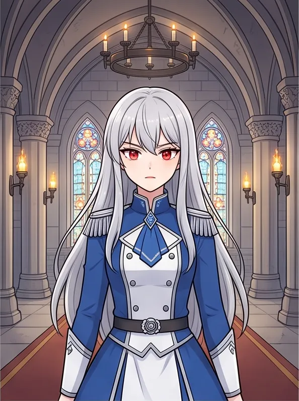 Korean webtoon style, clean line art, soft cel shading: a girl with silver hair and red eyes in a fantasy castle hall