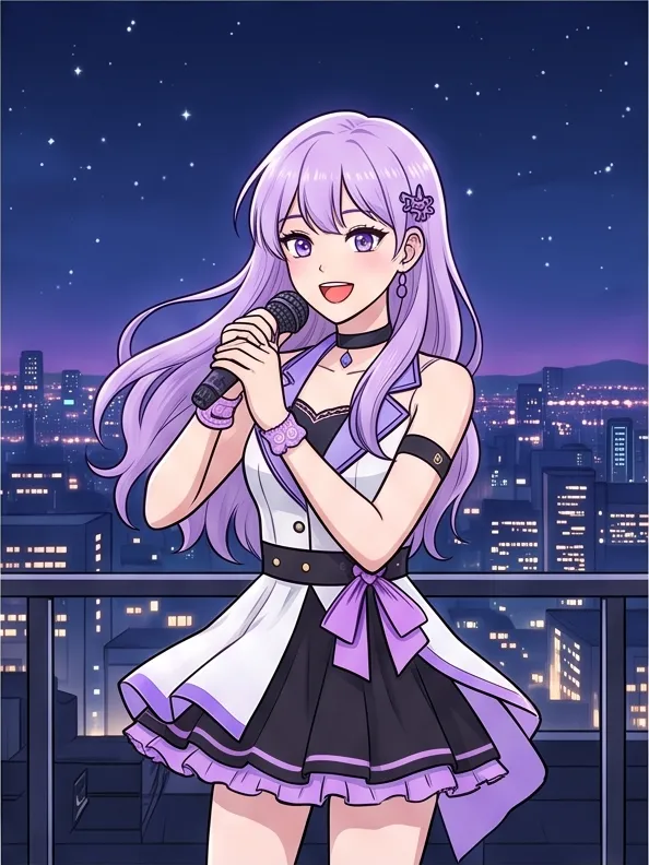 Korean webtoon style, clean line art, soft cel shading: an idol girl with lavender hair on a rooftop at night