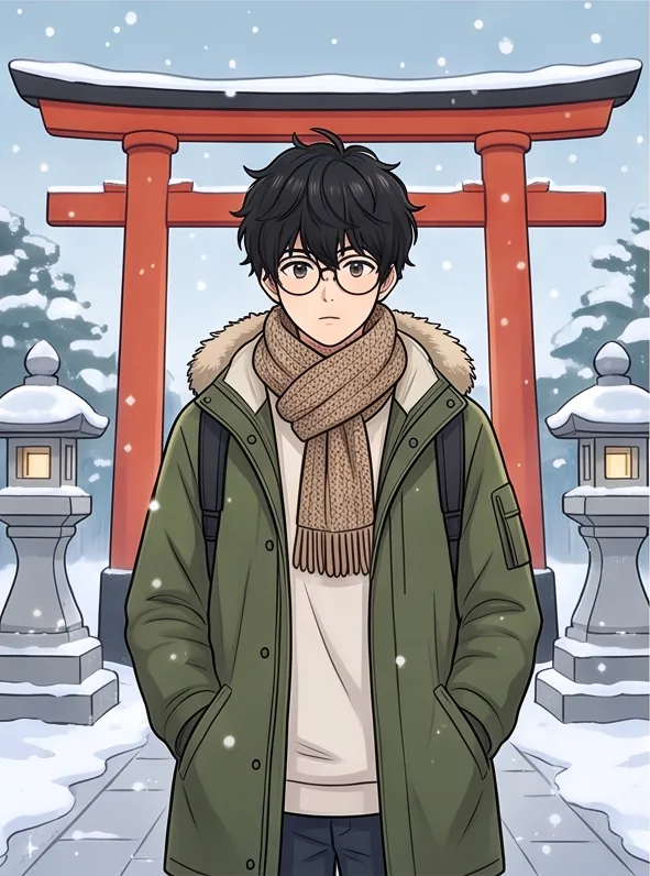 Korean webtoon style, clean line art, soft cel shading: a boy with messy black hair and glasses in a snowy shrine