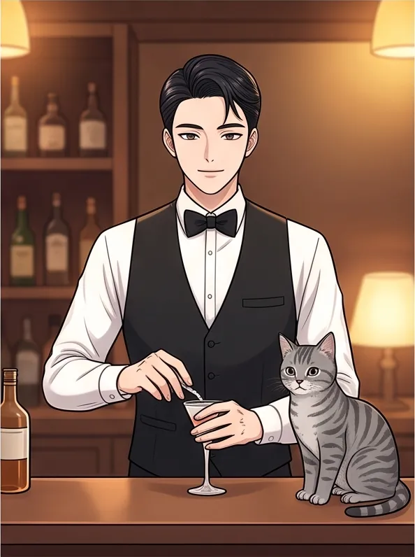 Korean webtoon style, clean line art, soft cel shading: a bartender with slicked back hair in a cozy room with a cat