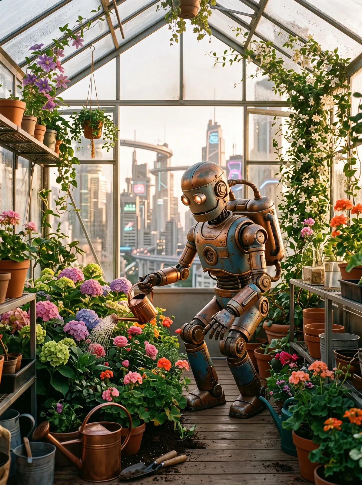 Retro sci-fi robot gardener watering flowers on a rooftop greenhouse in a future Tokyo, soft morning light, gentle and hopeful scene