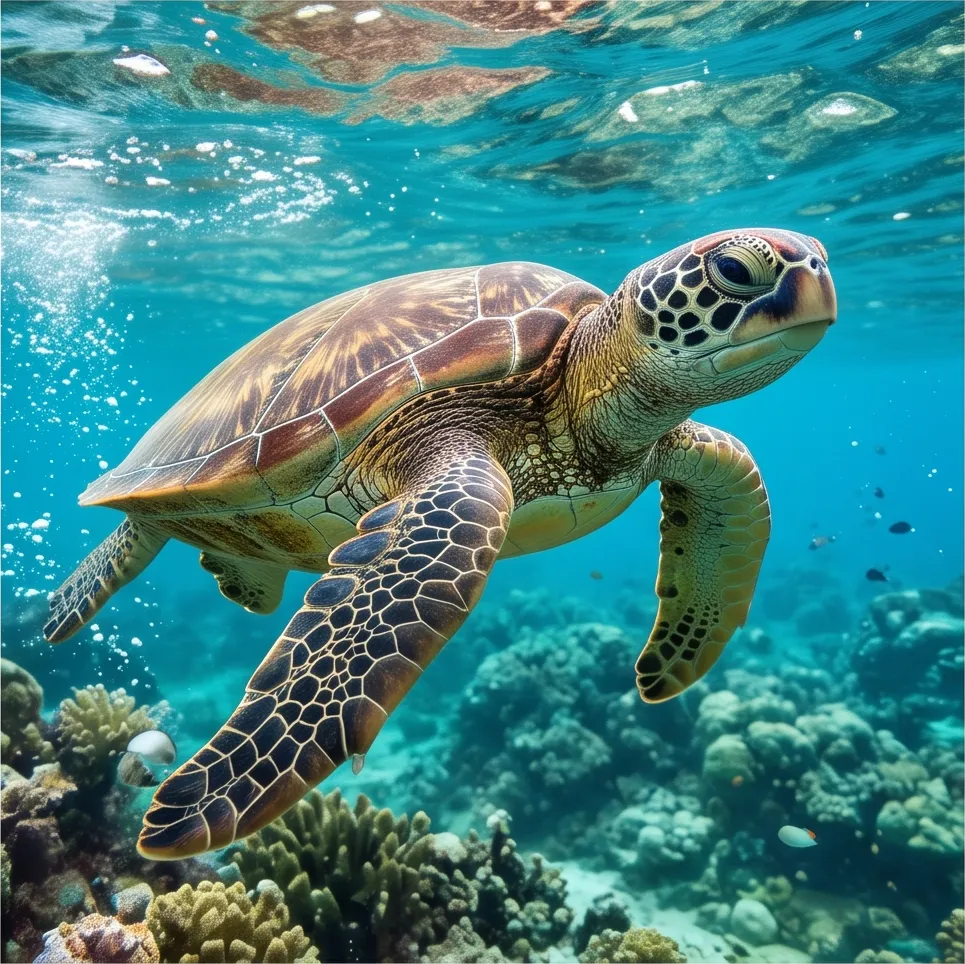 A sea turtle in clear water, wildlife photography, sharp detail