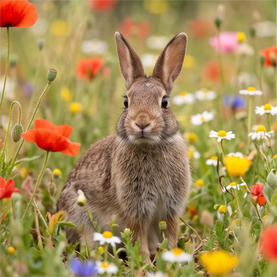 A rabbit in a flower field, wildlife photography, sharp detail