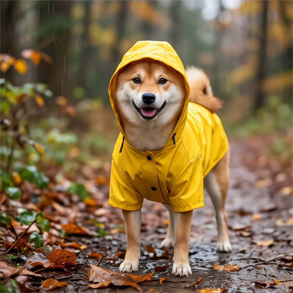 A shiba inu in a yellow raincoat, wildlife photography, sharp detail
