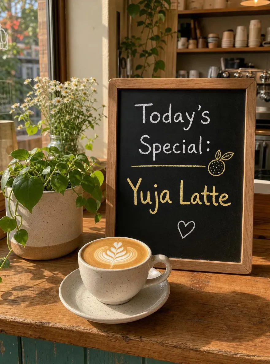 Cosy café counter with a chalkboard that says "Today's Special: Yuja Latte" in neat hand lettering, a latte with leaf art in front, plants and soft afternoon light