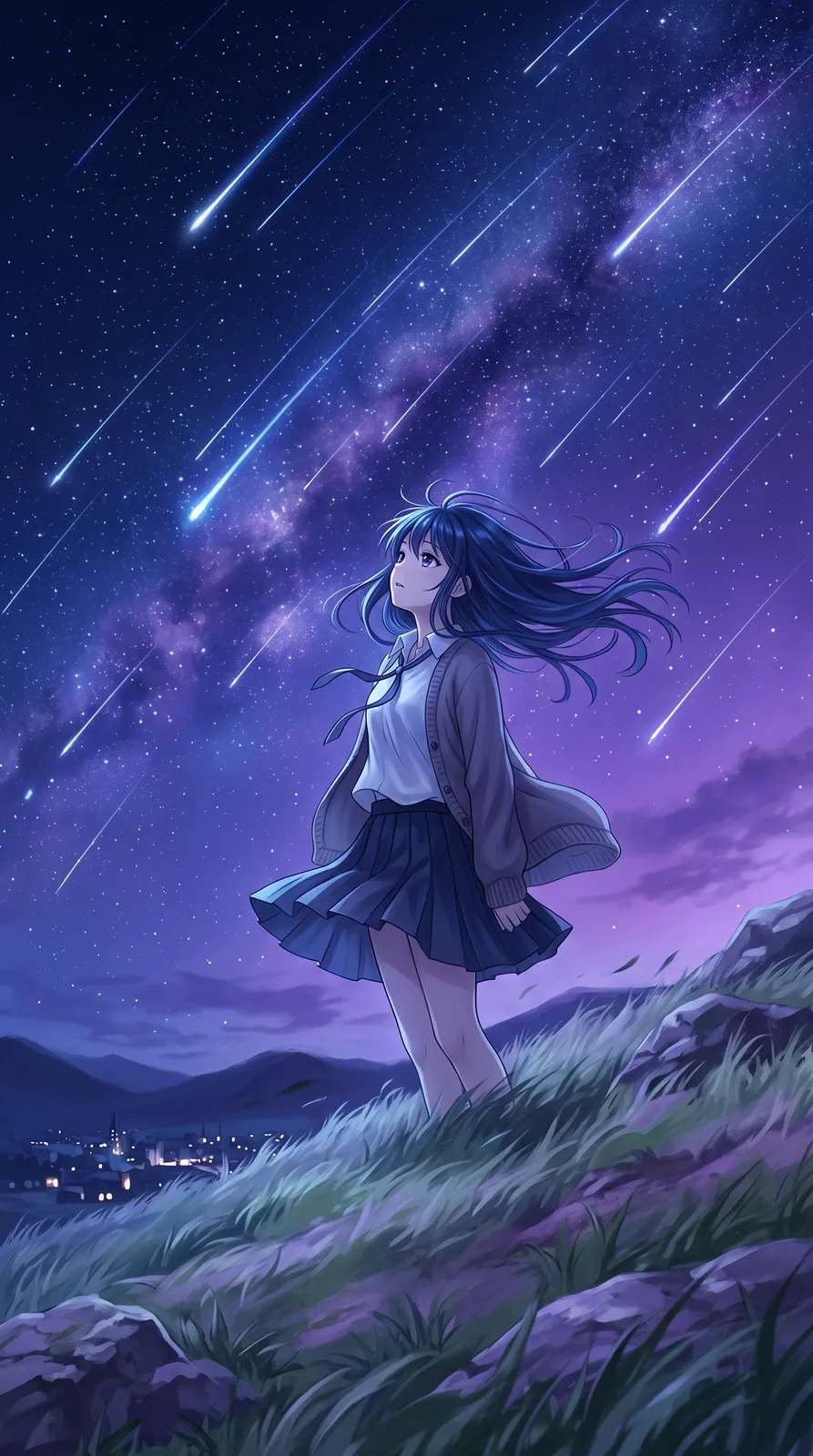 Anime-style phone wallpaper of a girl standing on a hill under a sky full of shooting stars, wind in her hair, deep blue and violet