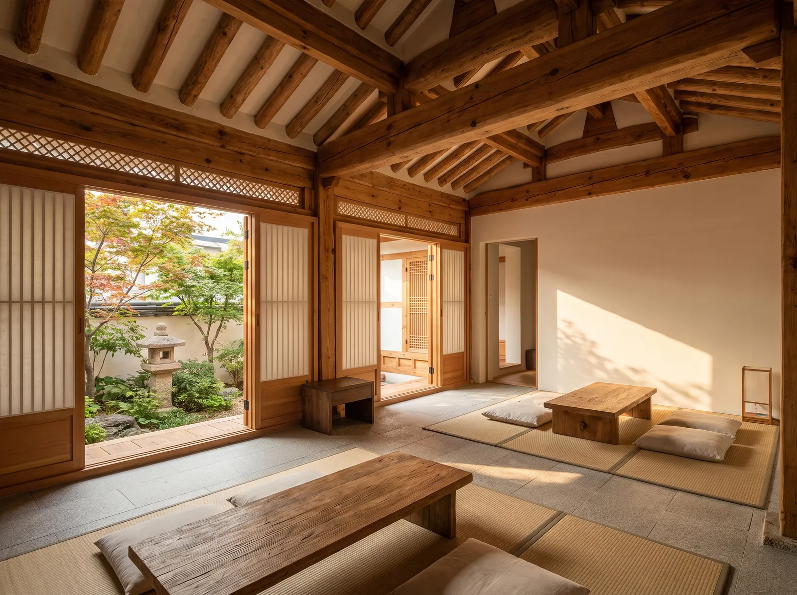 Modern hanok living room with exposed wooden beams, hanji paper doors slid open to a small courtyard garden, low floor seating, soft afternoon light, calm natural materials