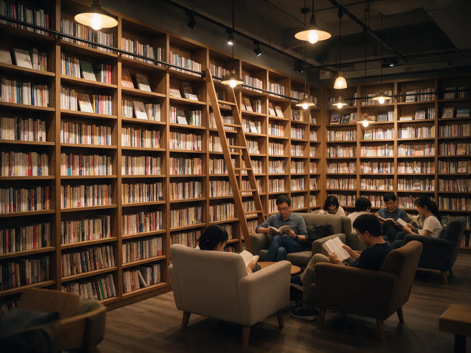 Bookstore café in Taipei with floor-to-ceiling wooden shelves, a ladder, armchairs and warm pendant lights, people reading, cozy atmosphere
