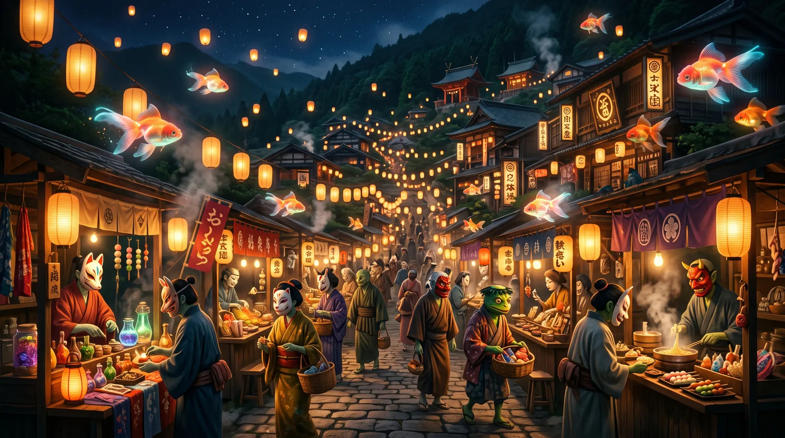 Enchanted night market of spirits in a mountain village, masked yokai vendors, floating lanterns, glowing goldfish in the air, Spirited Away-inspired atmosphere