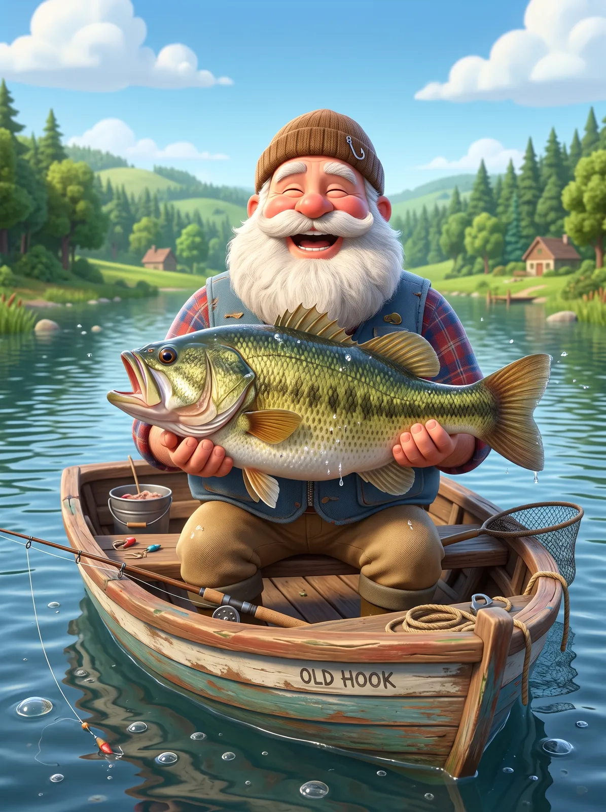 3D cartoon grandpa fisherman with a big white beard holding a huge fish, sitting on a little boat, cheerful animated style