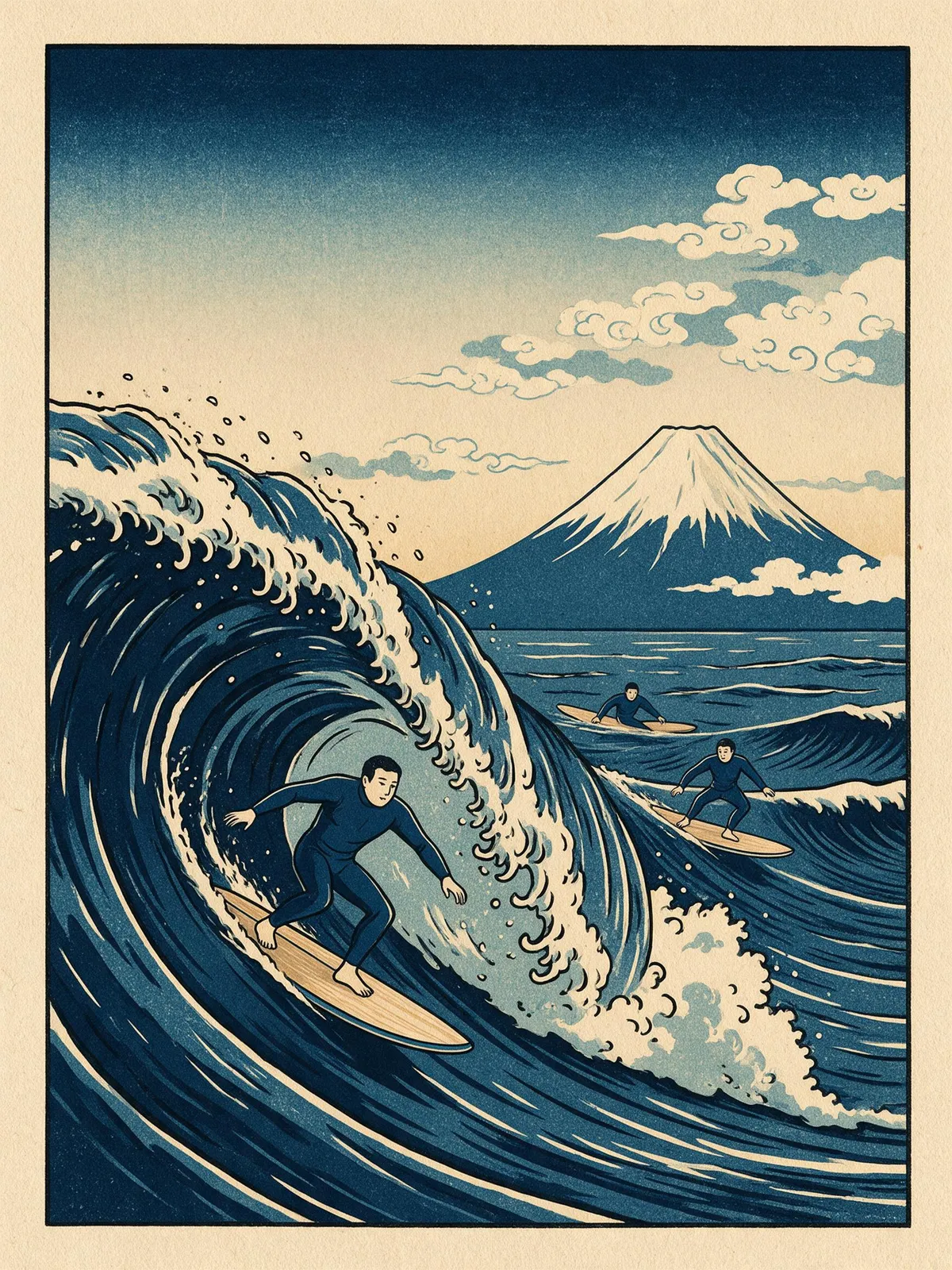 Ukiyo-e style woodblock print of surfers riding a great wave off the Shonan coast with Mount Fuji in the distance, indigo and cream palette