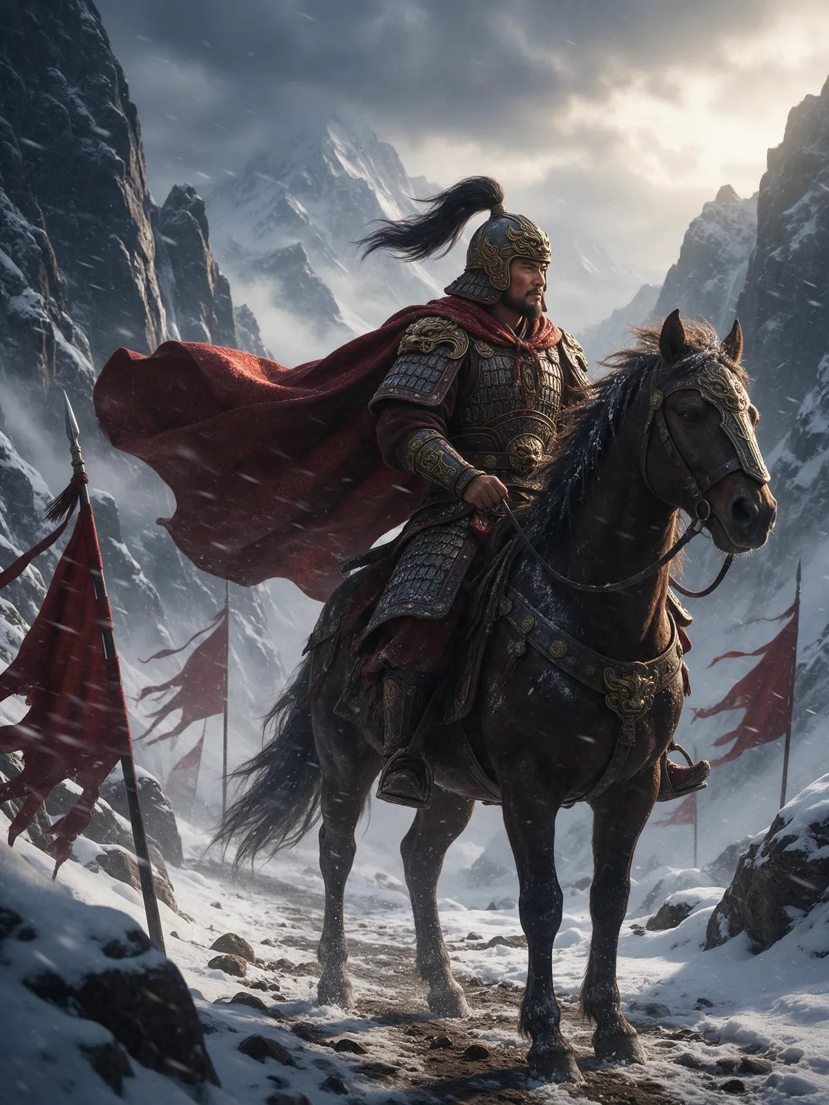 Guofeng warrior general in ornate lamellar armor and a crimson cape on horseback in a snowy mountain pass, banners whipping in the wind, dramatic cinematic composition, detailed metalwork