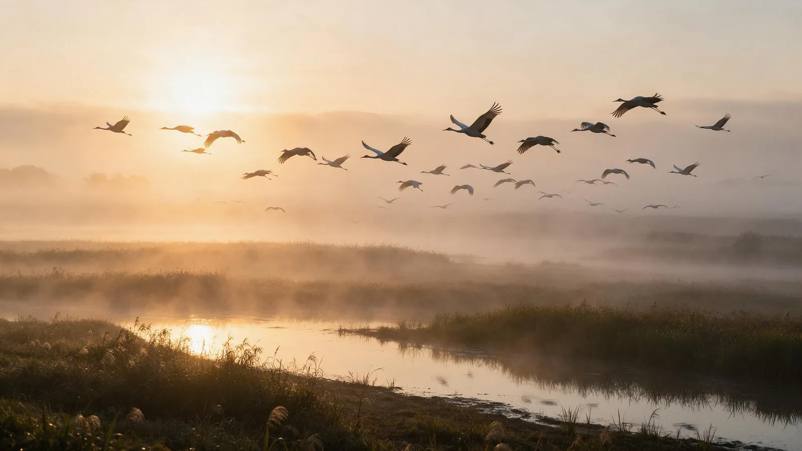 Flock of cranes flying over a misty Korean wetland at sunrise, golden light, peaceful