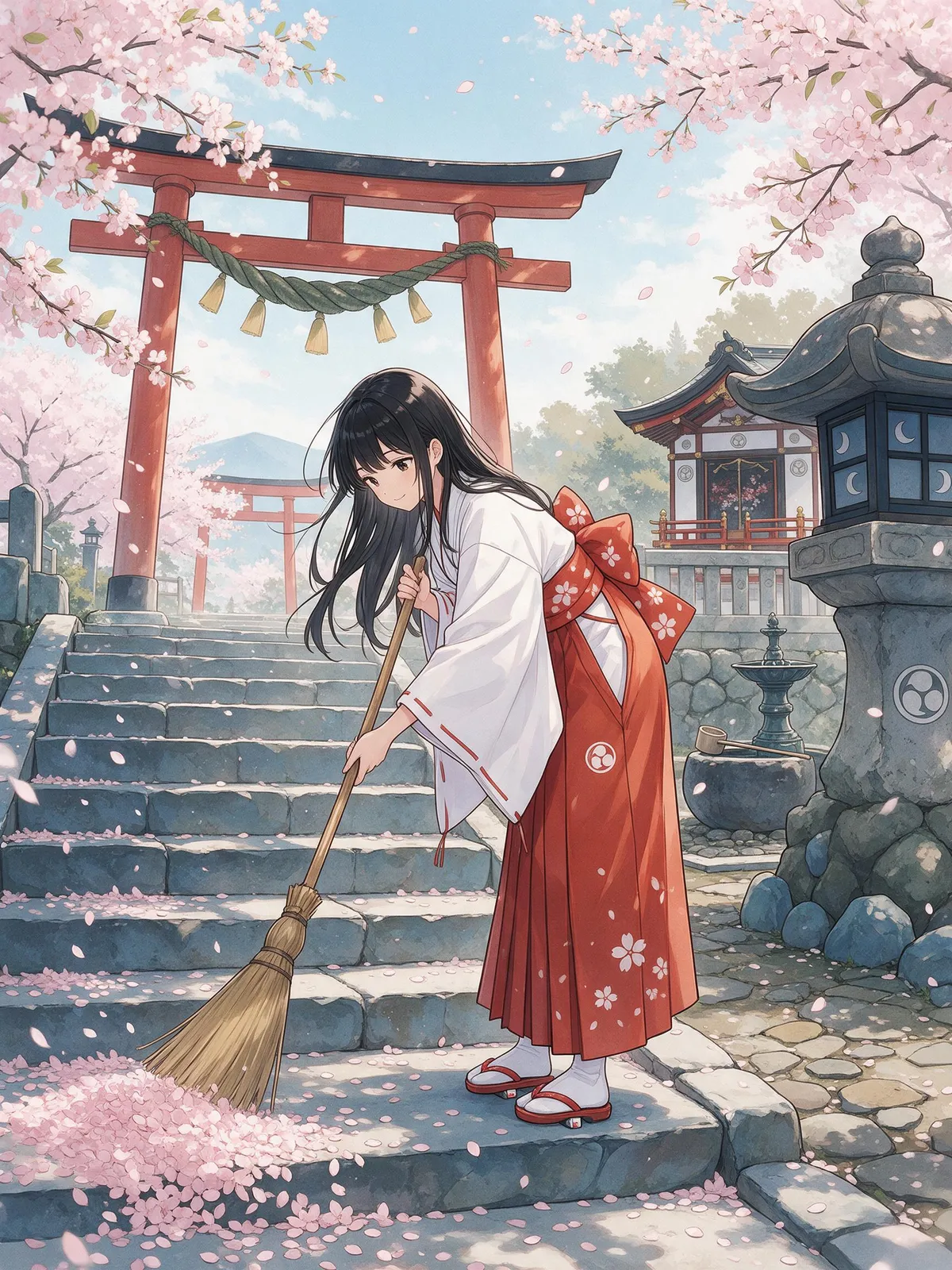 Anime-style shrine maiden in red and white miko robes sweeping cherry petals on stone shrine steps, torii gate behind, soft spring afternoon light, gentle smile, delicate linework and soft cel shading