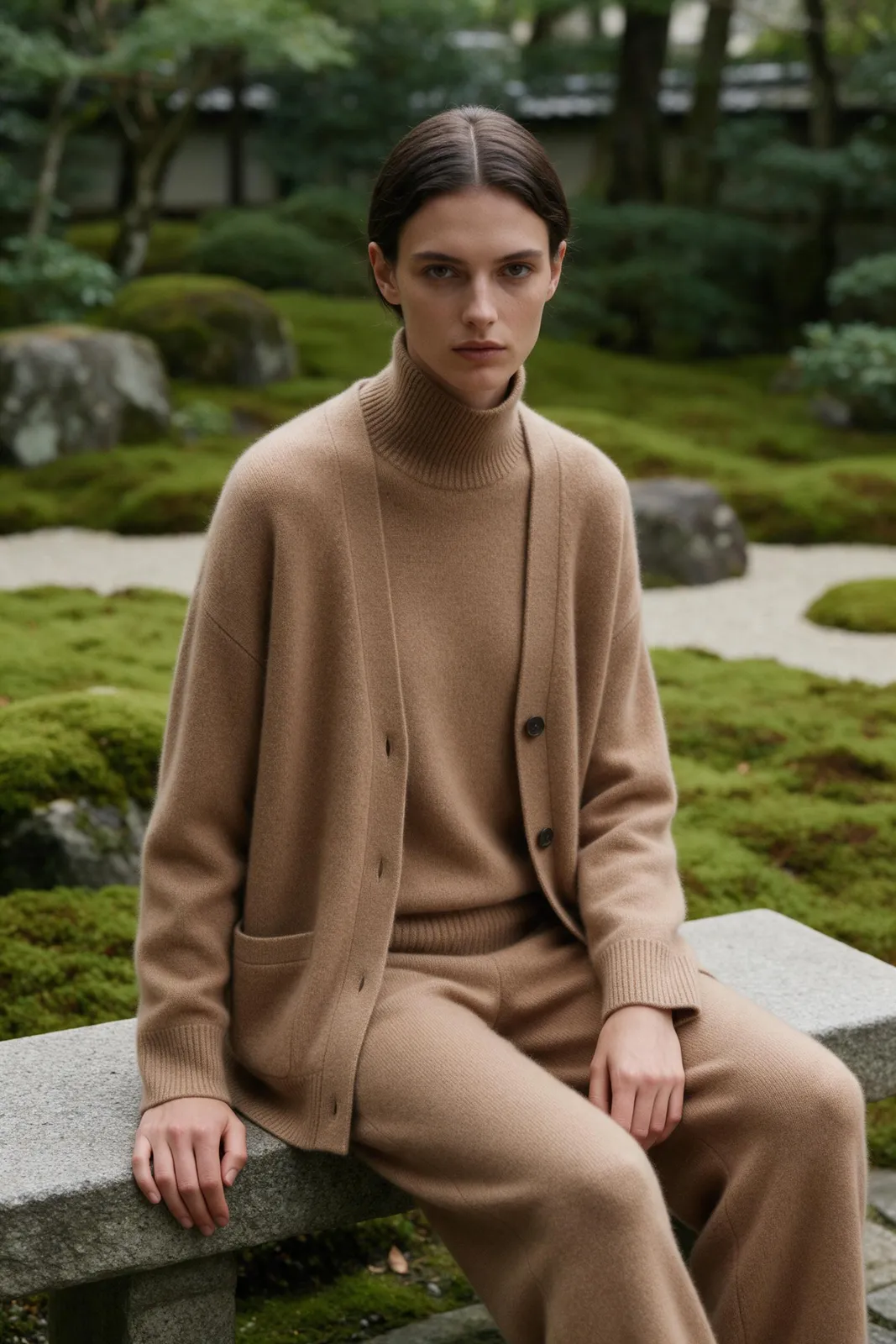 Minimalist luxury knitwear campaign: a model in a camel cashmere set sitting on a stone bench in a Kyoto moss garden, soft overcast light, quiet elegance, muted green and beige palette, medium format