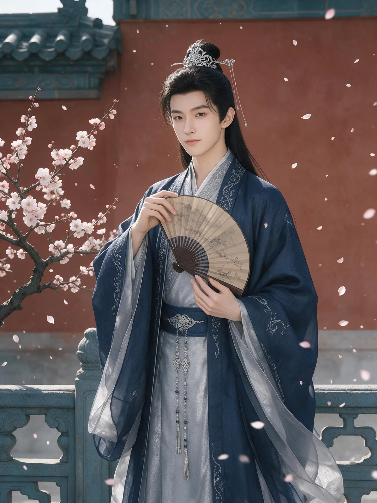Guofeng portrait of a scholar prince in layered indigo and silver robes holding a folding fan, plum blossoms falling, red palace wall behind, serene expression, elegant gongbi-inspired detail