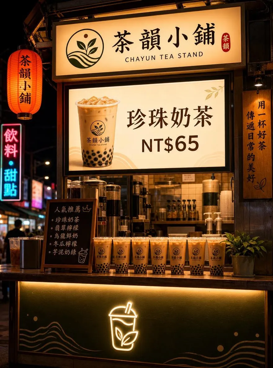 Taiwanese bubble tea stand at night with a lit menu board reading "珍珠奶茶 NT$65", cups of milk tea lined up on the counter, warm neon glow