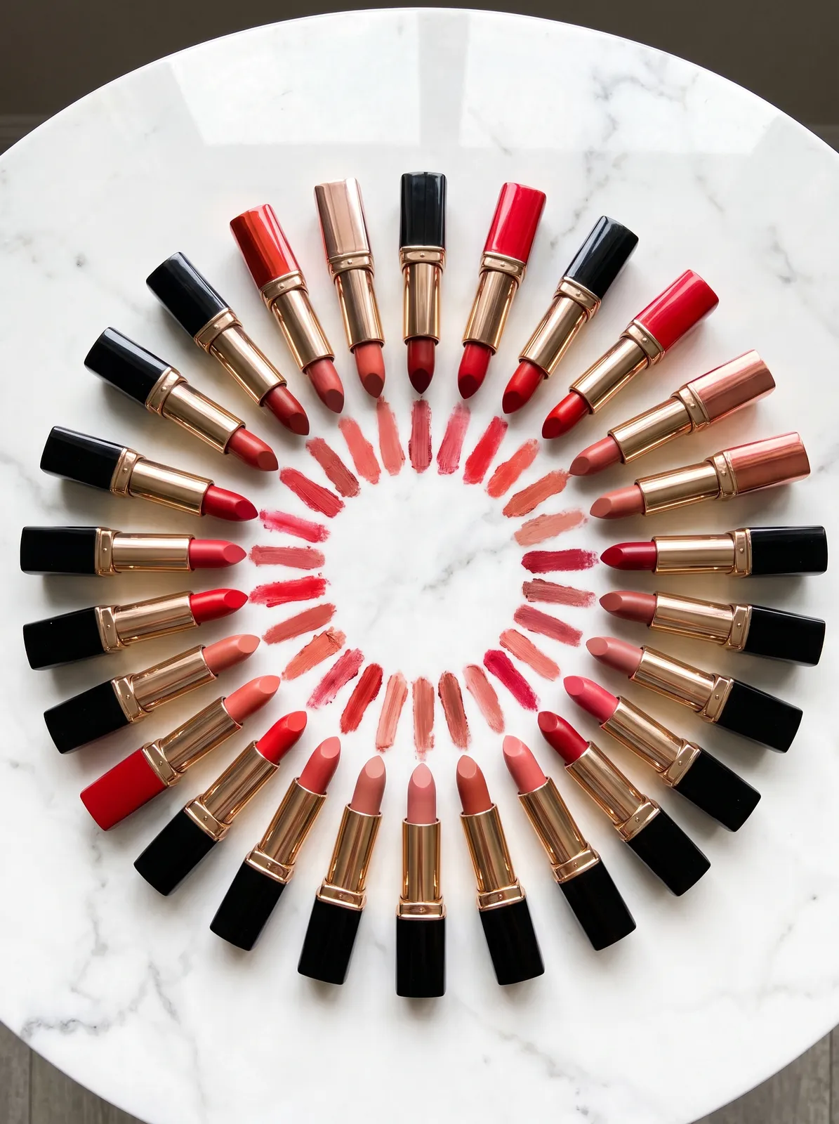 Lipstick collection arranged in a fan shape on a marble surface, caps off, swatches of red, coral and nude, top light, luxury beauty catalog