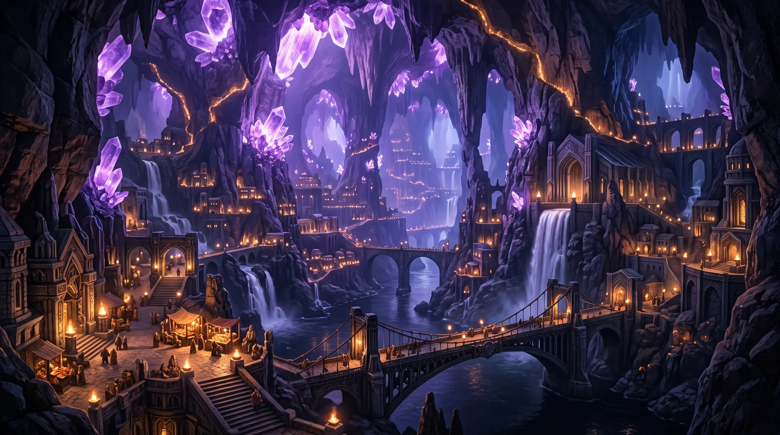 Underground crystal cavern city lit by giant glowing amethyst formations, waterfalls, bridges and dwarven halls carved in stone, sense of vast scale