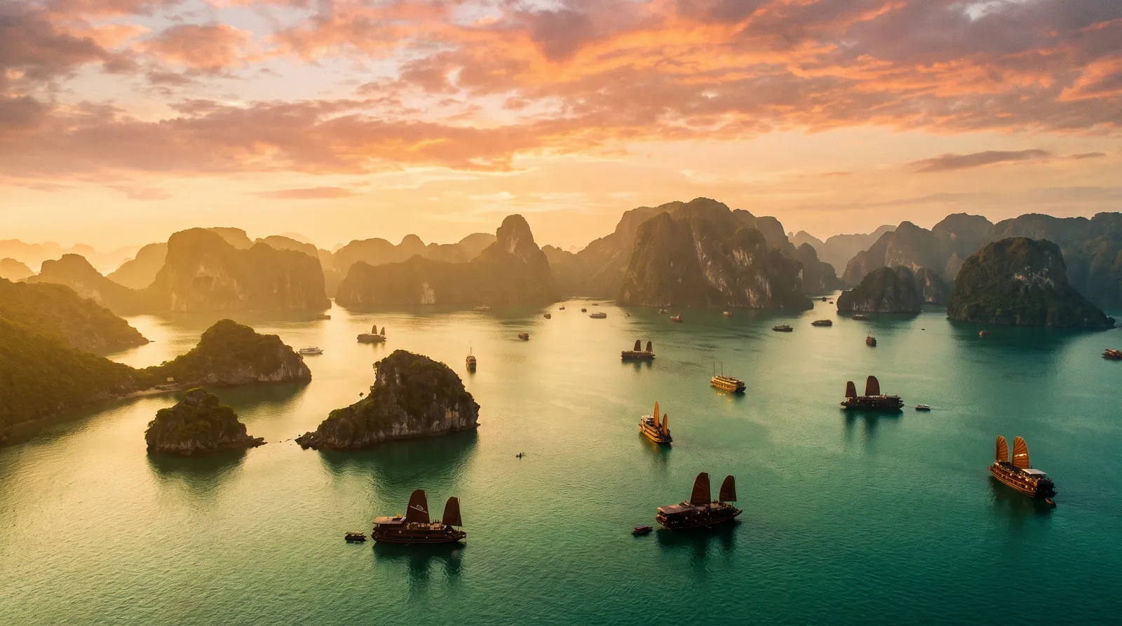 Ha Long Bay at sunset from a high viewpoint, limestone islands scattered across emerald water, traditional junk boats with rust sails, warm golden haze